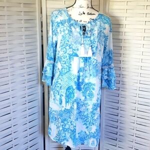 Lilly Pulitzer Azita blue and white 3/4 bell embroidery sleeves tunic dress M